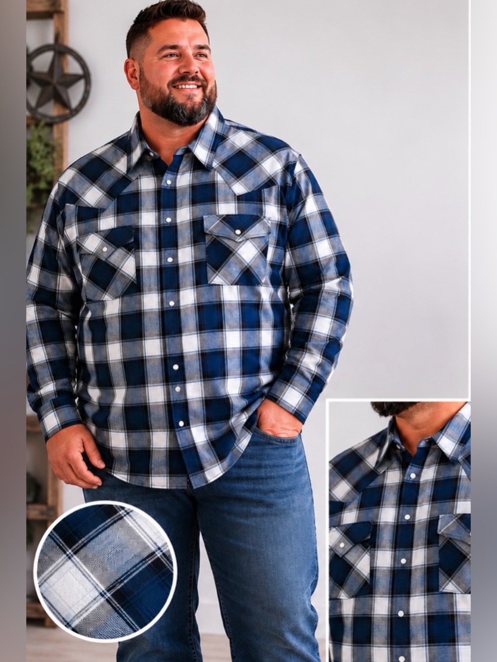 Ely Cattleman Blue and White Plaid Western Snap Shirt Size XXL